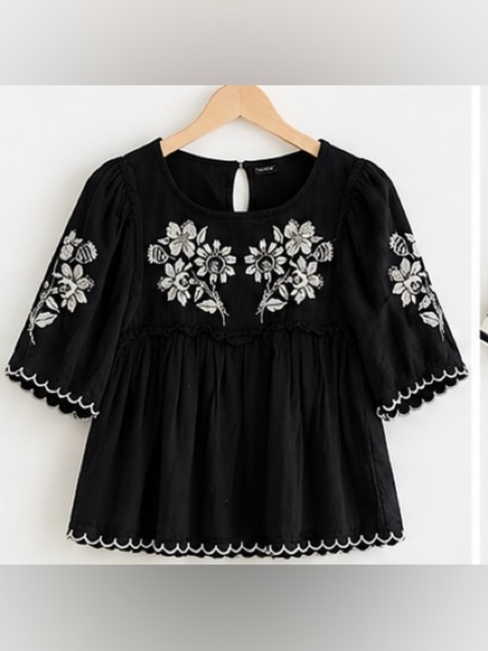 Old Navy Black Floral Embroidered Peasant Top